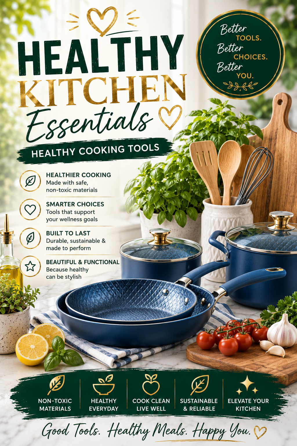 Healthy Kitchen Essentials & Healthy Cooking Tools cover photo collage