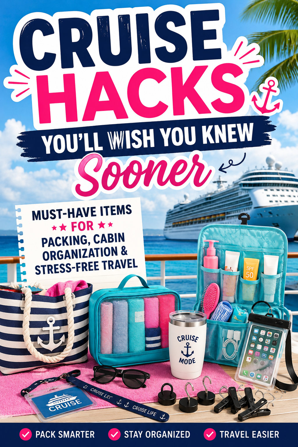Cruise Hacks & Must-Have Items to Buy Before Your Cruise Trip (Family-Friendly Packing List + Cabin Essentials) cover photo collage