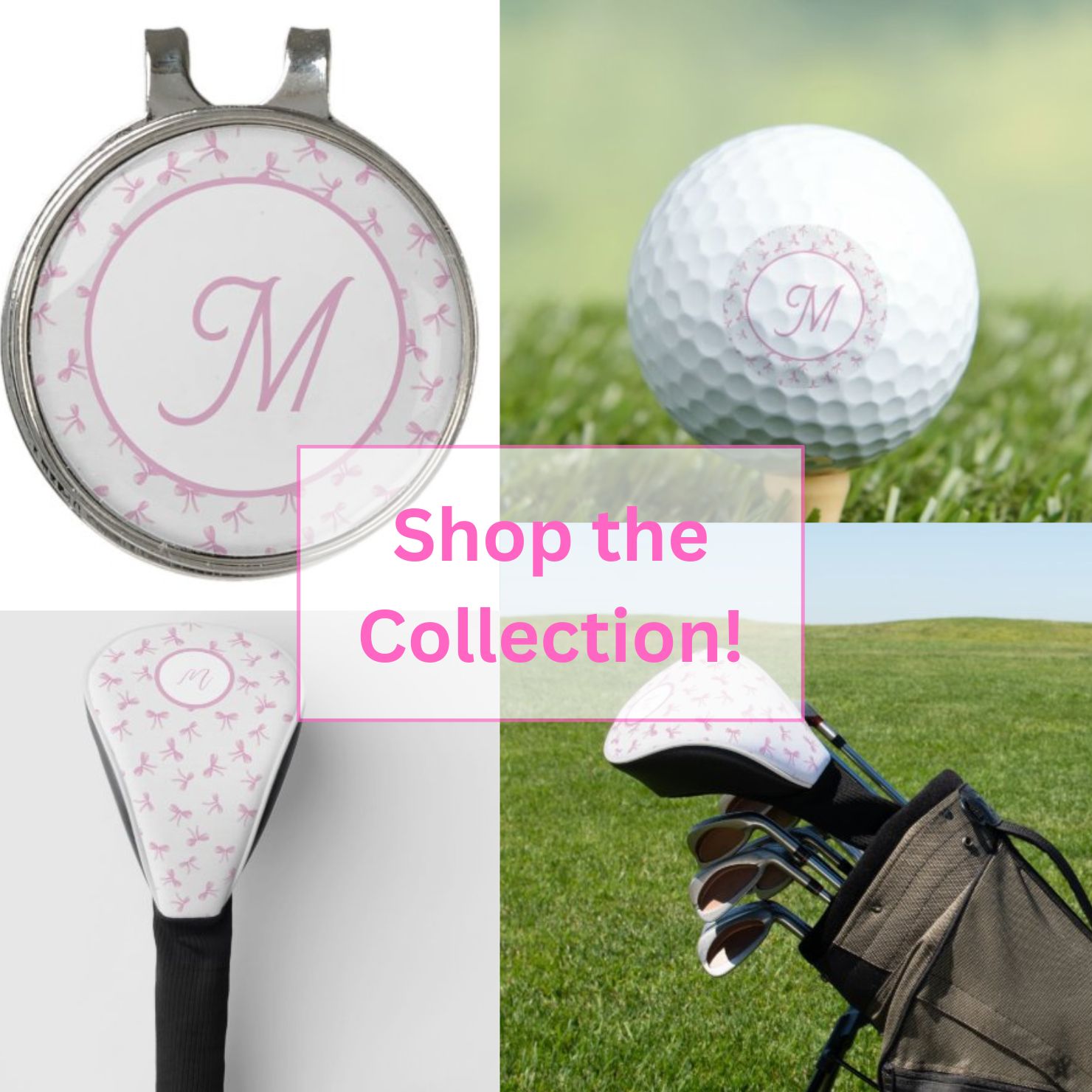 Feminine monogrammed frilly coquette golf accessories with hand drawn patterns cover photo collage