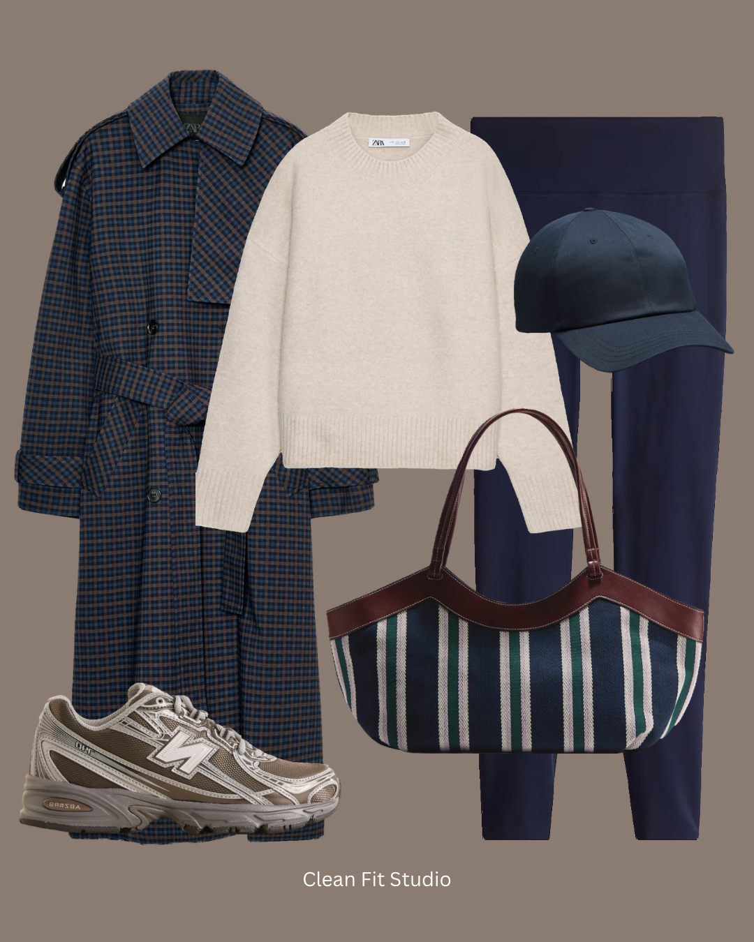 Clean & Cozy Neutral Spring Outfit | Classic Trench, Cream Knit & Navy Leggings cover photo collage